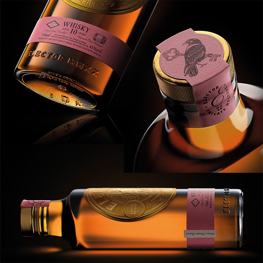 Close-up of Elector whisky packaging using foils