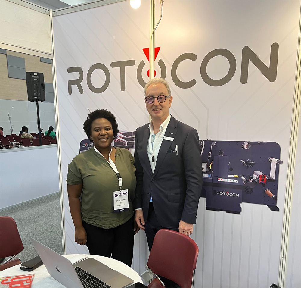 Phumzile Dlamini of Synchron Markings visits the Rotocon stand at Propak East Africa 2023