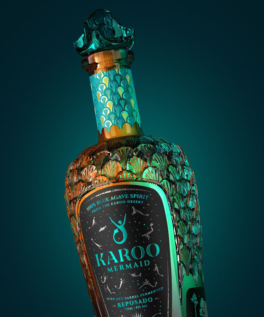A colour-changing foil mimics the mesmerising interplay of light on mermaid scales on this Agave spirits bottle